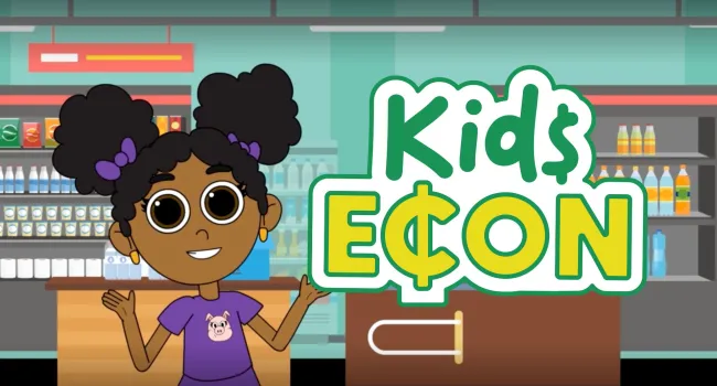Little girl inside grocery store with KidsECON logo