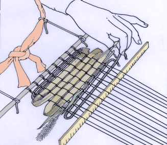 Lacing the threads through spaces and heddle holes.