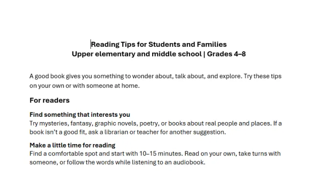 Reading Tips for Students and Families (Grades 4-8)