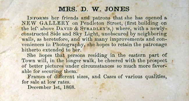 Advertisement For Mrs. D.W. Jones' Photographic Studio | History of SC Slide Collection