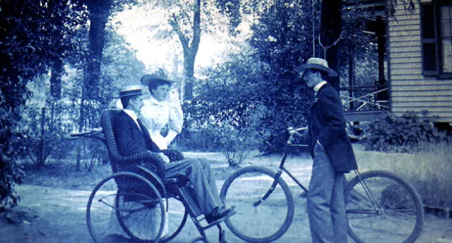 Guests At Sedgewick House Pose With Their Wheelchair And Bicycle | History Of SC Slide Collection