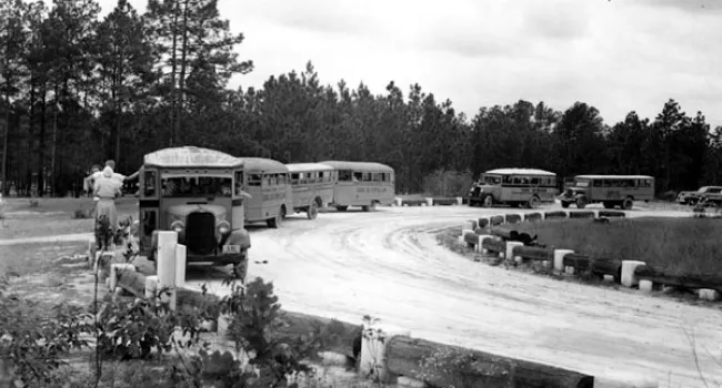 School Buses Pull Up At Sesquicentennial State Park, 1941 | History Of SC Slide Collection