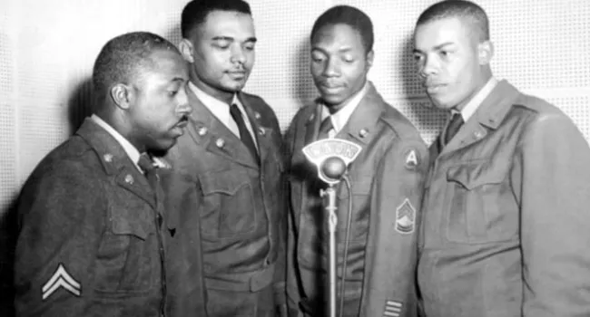 Four African American Men Sing Into Microphone At WNOK Radio | History Of SC Slide Collection