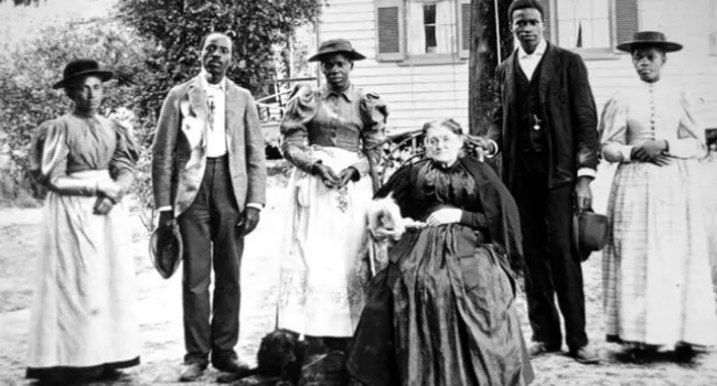 Miss Sedgewick And Her Servants Pose Outside Her Home | History Of SC Slide Collection